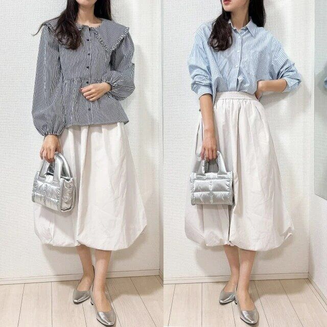gu値下げバブルヘムミディスカートストライプシャツコーデ