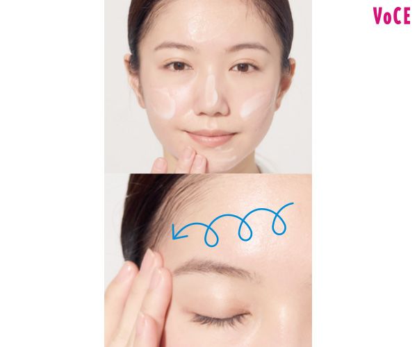 ミルクを5点置きして額からなじませていく