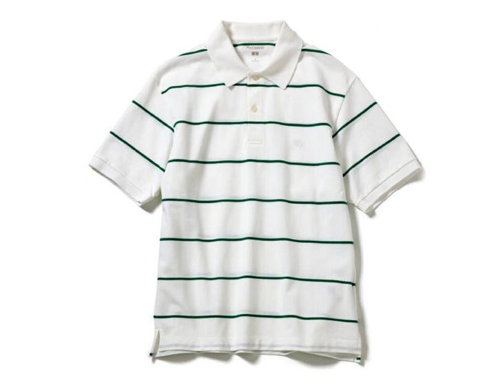 サラッとした風合いのカノコ生地に、グリーンのボーダーが爽やかに映える。上質な襟元も大人っぽさをアシスト。[メンズ]￥2,990（ユニクロ アンド ジェイ ダブリュー アンダーソン／ユニクロ）
