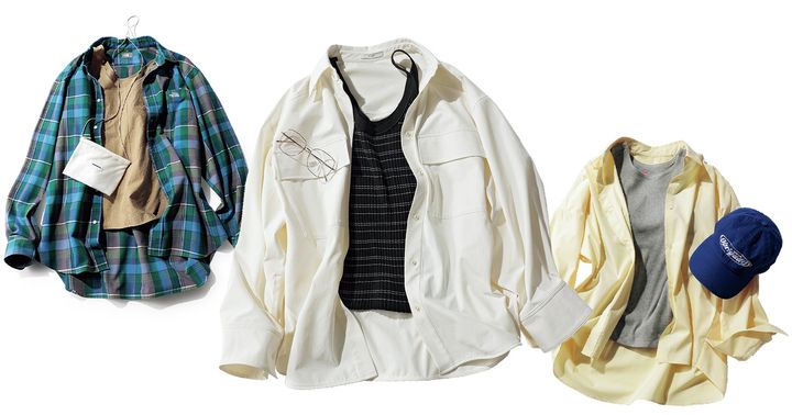 ベージュのタンクトップにチェックシャツとボーダータンクトップに白シャツとグレーのタンクトップに黄色のシャツのレイヤードコーデ3つ