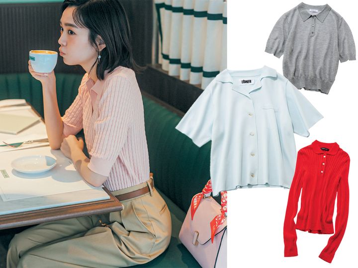 ピンクのポロニットとチノパンを着こなす桐谷美玲さんとステートオブマインドのグレーのポロニットとLOWERの開衿デザインの水色ポロニットとスローンとノークのコラボの長袖の赤ポロニット