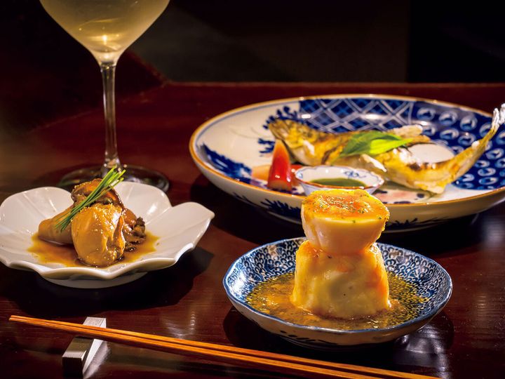 目黒『目黒それがし』の「三代目ポテトサラダ」、「牡蠣の山椒煮」、「旬の魚の炭火焼き」