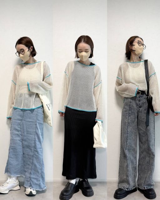 メッシュハイショクニットPOを着たコーデ