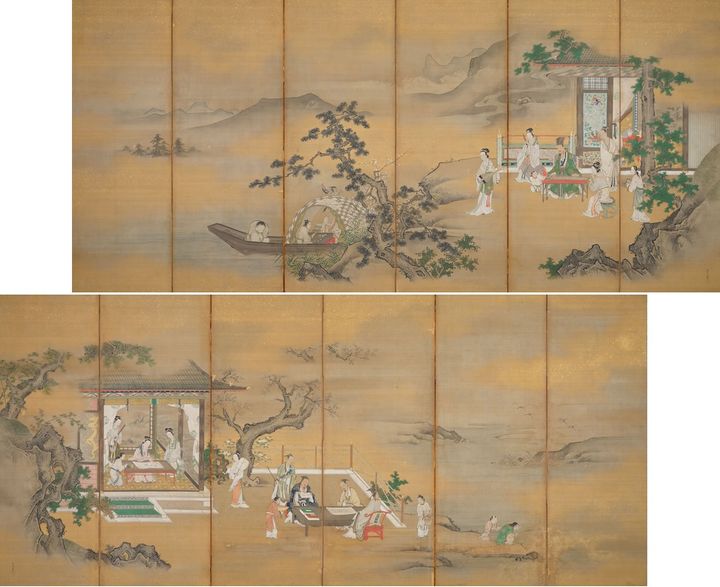 狩野常信「琴棋書画図屏風」 