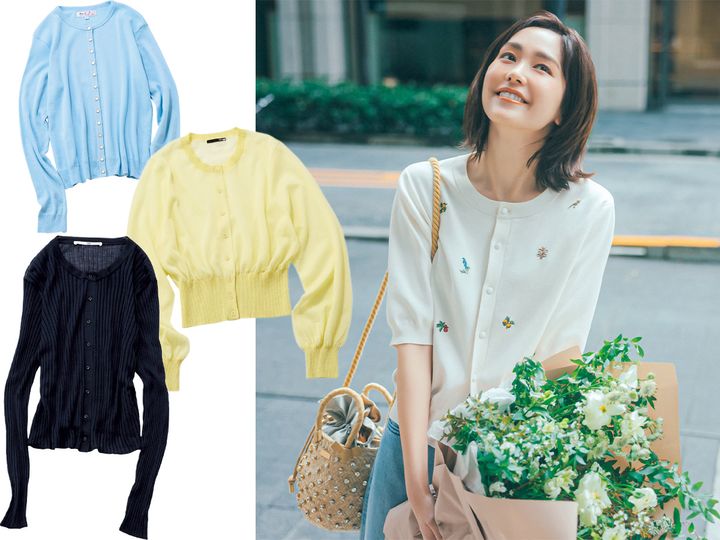アニエスべーの水色のカーディガンとスタイリングのシアー素材で短丈の黄色のカーディガンとティッカのネイビーのシアーカーディガンとCABaNのボタニカル刺繍の半袖カーデとデニムを着こなす桐谷美玲さん