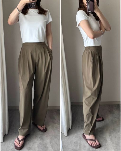 カーキのウルトラストレッチアクティブワイドパンツを着ている