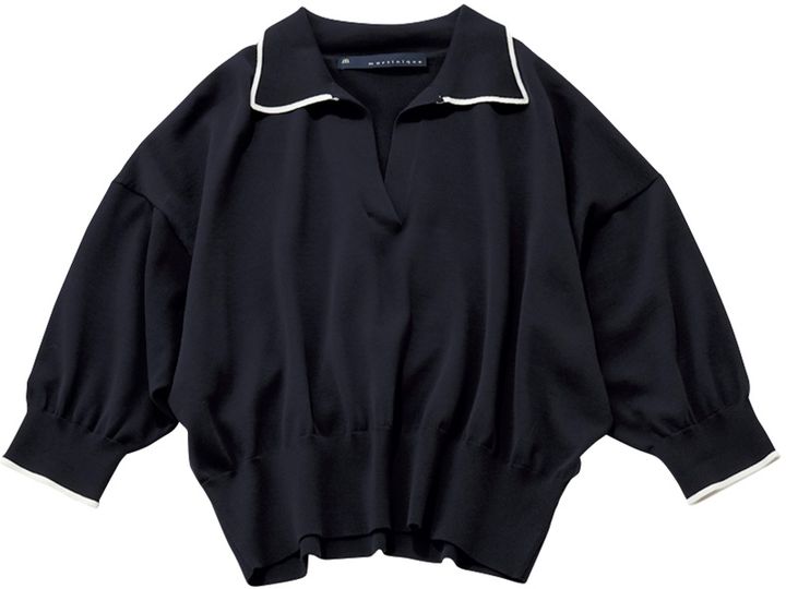 マリティニークの衿と袖に白の縁取りがある開衿ニット