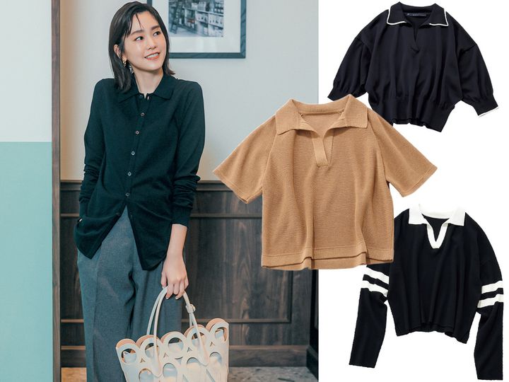 マリティニークの開衿ニットとlounge WRAYのペーパーニット素材の開衿ニットとニットとアルアバイルのラガーニットとオーラリーのポロニットとグレースラックスにベージュのバッグとパンプスを合わせた桐谷美玲さん