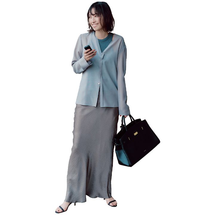 襟なしシャツ, ノーカラーシャツのワントーンコーデ