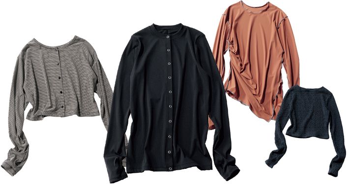 ヌルの2WAYラッシュガードとウィムガゼットのカーディガンとスピードのラッシュガードTシャツとトゥーユナイテッドアローズのデコボコ素材のトップス