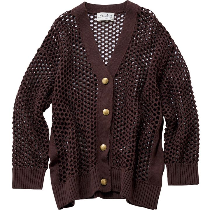 レリタージュマルティニークのブラウンに金ボタンがついたクロシェニットカーデ