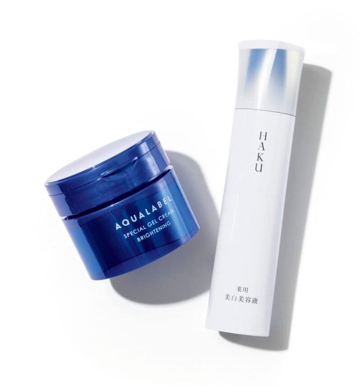 資生堂4MS配合の化粧品。右：HAKU メラノフォーカスIV〈医薬部外品〉45g 1万1000円（資生堂）左：アクアレーベル スペシャルジェルクリーム EX（ブライトニング）〈医薬部外品〉90g 1782円（編集部調べ・資生堂）