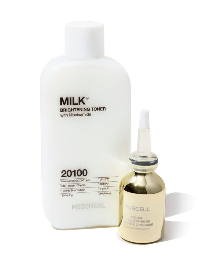 グルタチオン配合の化粧品。右：パーセル フレキシブル リポG フェイスセラム 30mL 4730円（アリエルトレーディング） 左：メディヒール ミルクブライトニングトナー 300ｍL 2750円（韓国高麗人参社）