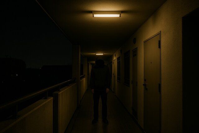 古いマンションの外廊下にたたずむ黒づくめの男