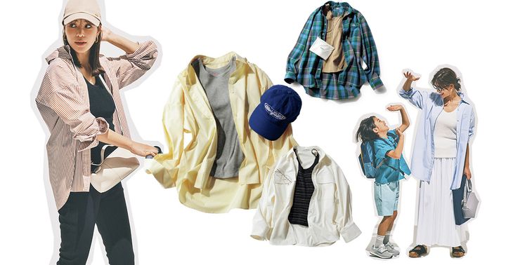 黒タンクとレギンスにストライプシャツを羽織った咲和希さんと白タンクと白スカートにブルーのシャツを羽織った咲和希さんとタンクとシャツの組み合わせ3つ