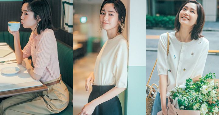 ピンクの半袖ポロニットとチノパンのコーデと5分袖ニットとパンツのコーデとボタニカル刺繍の半袖カーデとデニムのコーデの桐谷美玲さん