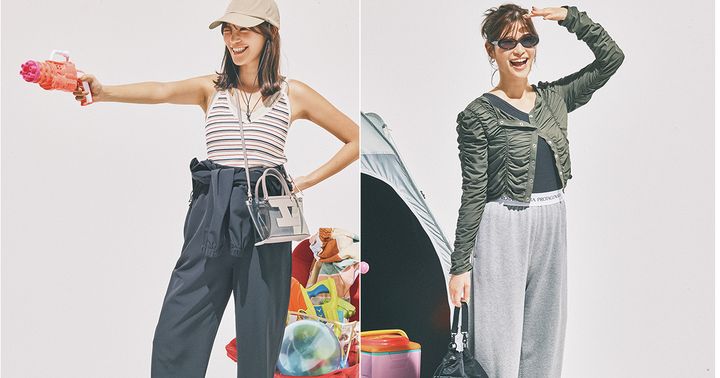 ボーダータンクトップにジャンプスーツを着た咲和希さんとタンクトップとスウェットにカーキのカーデ型ラッシュガードを着た咲和希さん