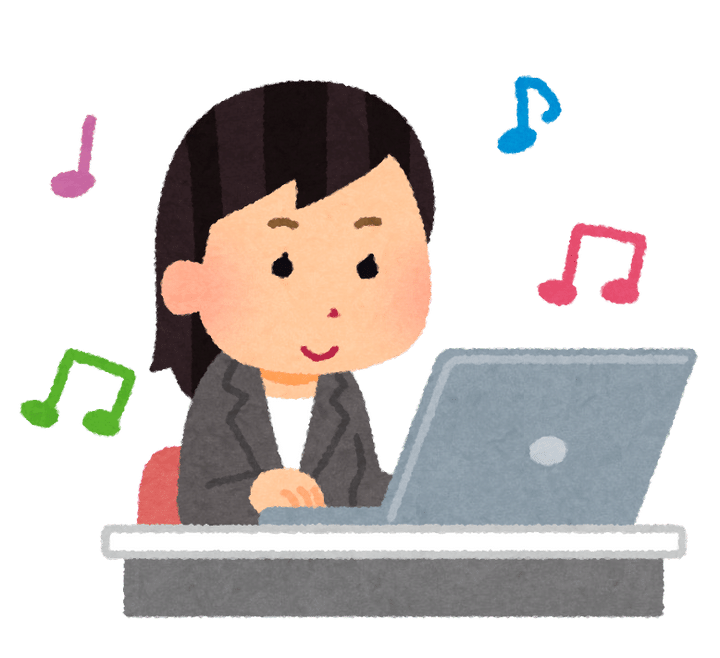 音楽を聴きながら仕事をする人のイラスト（女性） | かわいいフリー ...