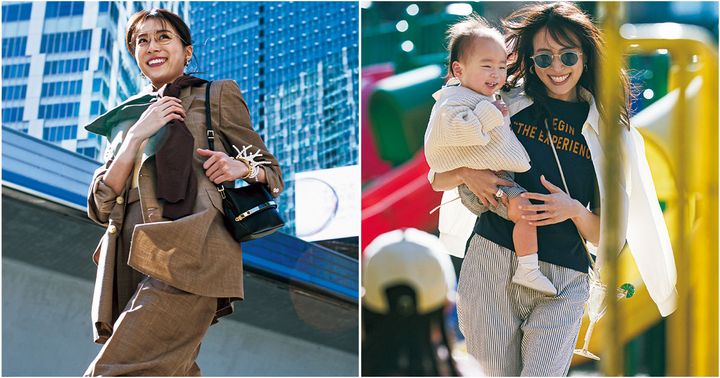 ブラウン系のスーツにニットを肩掛けしたお仕事コーデとロゴTとストライプパンツにショート丈の白シャツを羽織った公園コーデの笹川友里さん