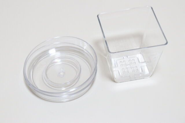 ダイソーのおすすめクリア植物鉢皿（2個、円形、4号、12cm）とクリア植木鉢（四角、3号、9cm）