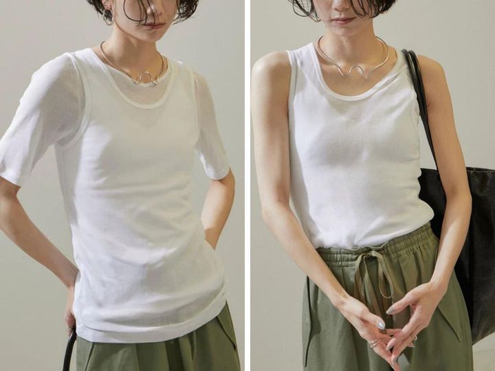 画像: 左「nu=layerジェントルVネックシアーTシャツ」￥9,900、右「nu=layerスクープネックタンクトップ」￥7,700 出典：サロン アダム エ ロペ
