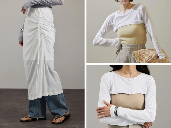 画像: 左「nu=layerアシンメトリーシャーリングスカート」￥16,500、右上「nu=layerシアーアームカバープルオーバー/ボレロ」￥8,800、右下「nu=layerショート丈カーディガン」￥12,100 出典：サロン アダム エ ロペ