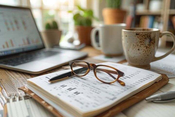 メガネ、コーヒー、手帳