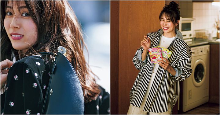 小花柄のジャケットにアライアの黒バッグを肩掛けした笹川友里さんと白Tとハーフパンツにストライプシャツを羽織った笹川友里さん