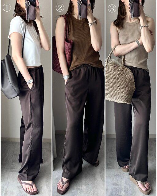 ユニクロのサテンイージーパンツのコーデ1