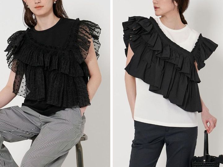 画像: 左「プリーツフリル コンビ カットソー」￥22,990、右「プリーツフリル コンビ カットソー」￥20,900 出典：ユナイテッドアローズ