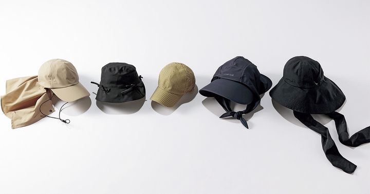 アンフィーロのネックカバー付きキャップとトレスのリボン付きハットとユナイテッドアローズのチェック柄のキャップとモンベルのハットとスタイルミキサーのハット