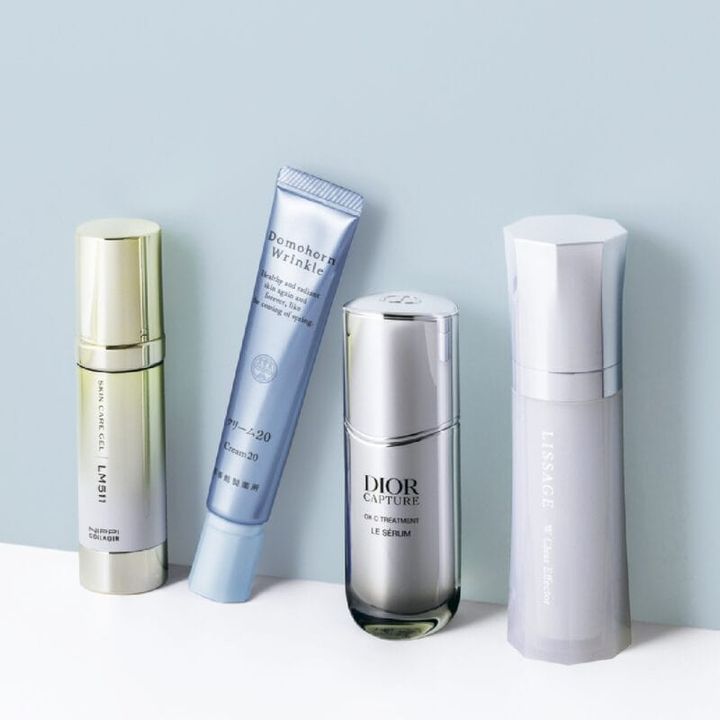 右から：リサージ Wクリ アエフェクター、ディオール カプチュール ル セラ ム 、ドモホルンリンクル クリーム20、スキンケア ジェル