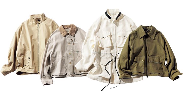 バブアーのショート丈アウターとシステムの白ベースのワークジャケットとLLビーンのワークジャケットとHER.のベージュのワークジャケット