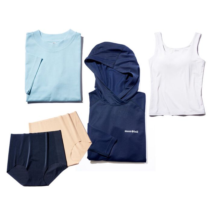 （右から）エアリズムブラタンクトップ￥2,290、クール フードシャツ Women's ￥4,840／モンベル、エアリズムコットンT ￥1,500、エアリズムシームレスショーツ各￥590／ユニクロ