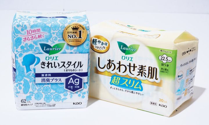 （右から）しあわせ素肌￥420、きれいスタイル￥350（ともに編集部調べ）／ロリエ（花王）