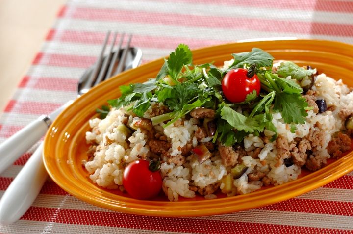 ナスとひき肉のエスニック混ぜご飯