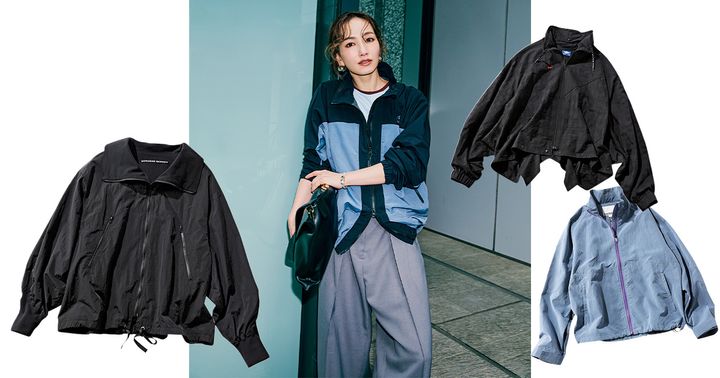 サードマガジンのブルゾンとビューティフルピープルのブルゾンとマーモットキャピタルのブルゾンとTシャツとスラックスにマーモットのブルゾンを合わせた辻元舞さん