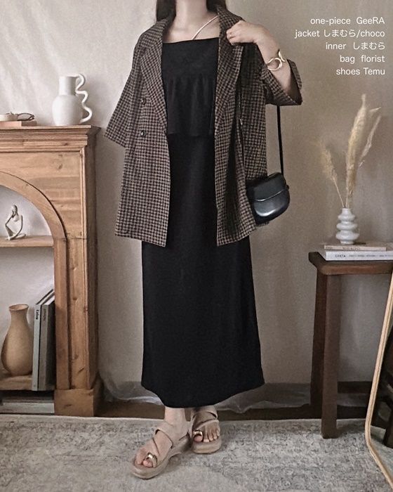しまむらのブラウンの「チェック柄ハーフスリーブジャケット」×ワンピース