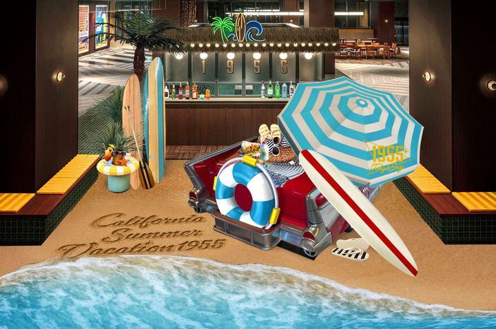 ロビーには、ビーチに愛車を乗り入れてサーフィンを楽しんでいたライフスタイルを表現したデコレーションが登場