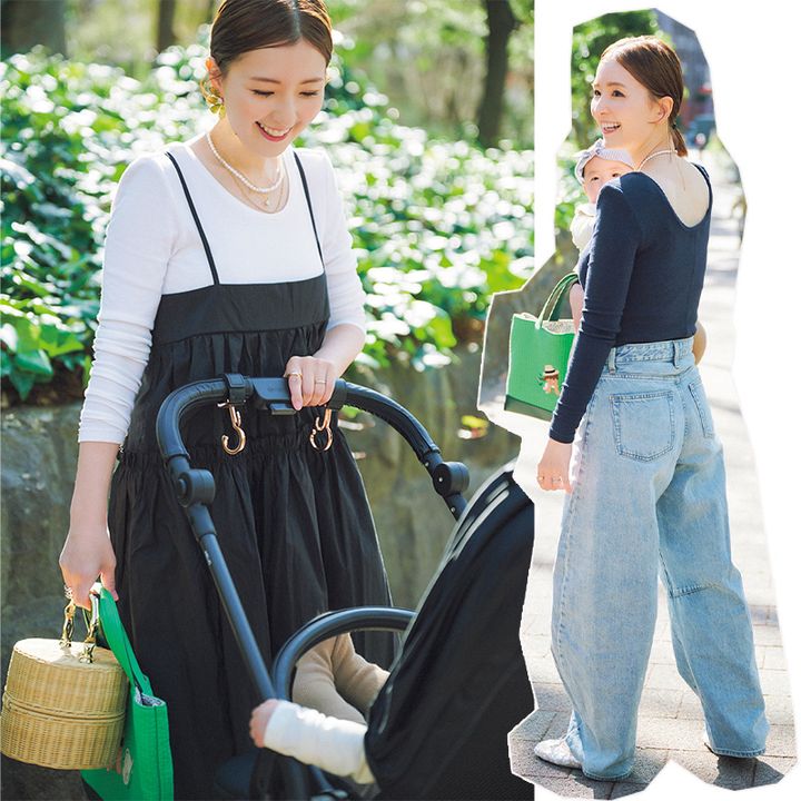 yoriのロンTに黒のキャミワンピを重ねたコーデと黒のロンTにGUのデニムを合わせたコーデ