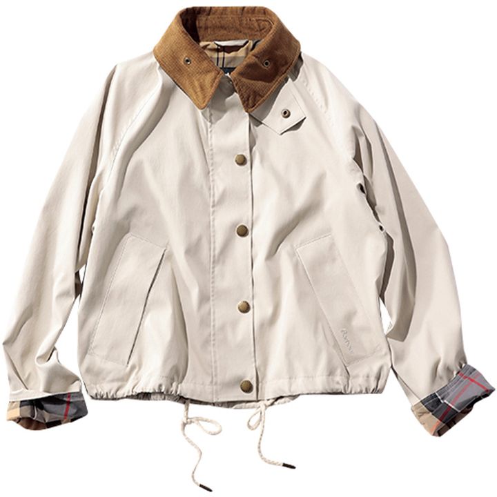 バブアーの衿が茶色で裏地がチェックのワークジャケット