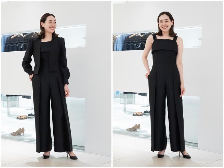 画像: 「AKIKO OGAWA.」のオールインワンとノーカラージャケットのセットアップブラックコーデ