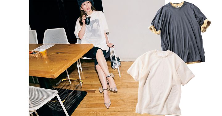ユニクロのカラーTシャツ２枚重ねとグラフィックTシャツにシアーTシャツを重ねてハーフパンツとリボン付きサンダルを合わせた着こなし