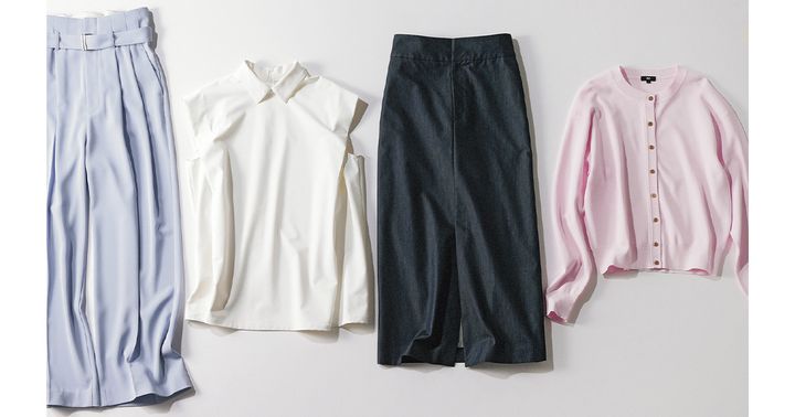 ミラオーウェンのイージーケアパンツとルフィルの衿付きノースリーブブラウスとサロンアダムエロペのタイトスカートとプラステのピンクカーディガン