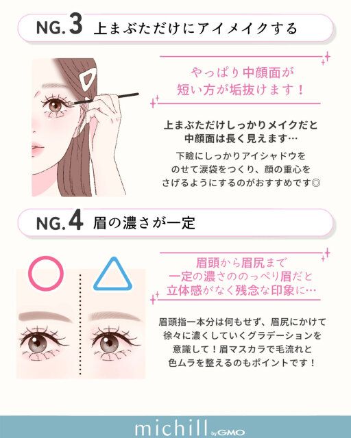 上まぶただけのアイメイク、眉の濃さが一定なのはNG