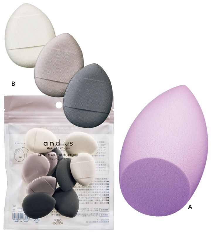 3Dスポンジ WET＆DRY ￥418／ロージーローザ ミニメイクパフ10個セット ￥330／3COINS（一部店舗限定）