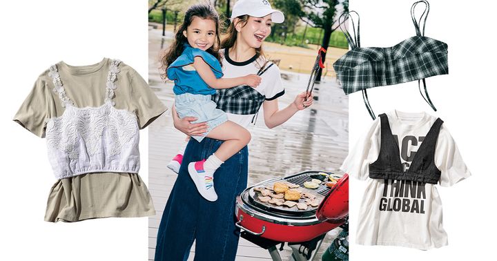 ベージュのTシャツとレースキャミの重ね着と白Tとチェックのビスチェの重ね着とロゴTシャツとビスチェの重ね着