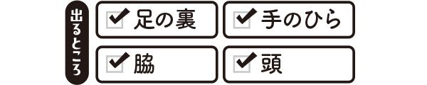 精神性発汗 【出るところ】足の裏、手のひら、脇、頭