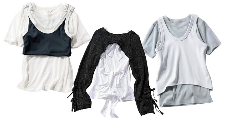 Tシャツとタンクトップやボレロとの重ね着コーデ