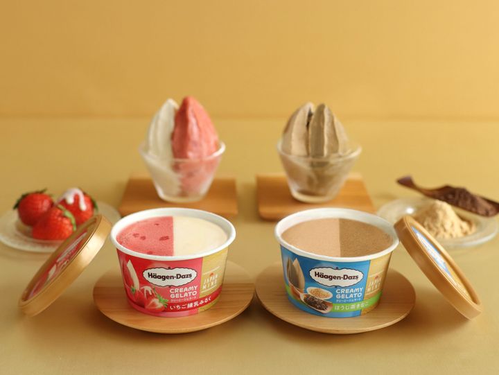 ハーゲンダッツ ミニカップ「CREAMY GELATO」シリーズの「いちご練乳みるく」（左）と「ほうじ茶きなこ」